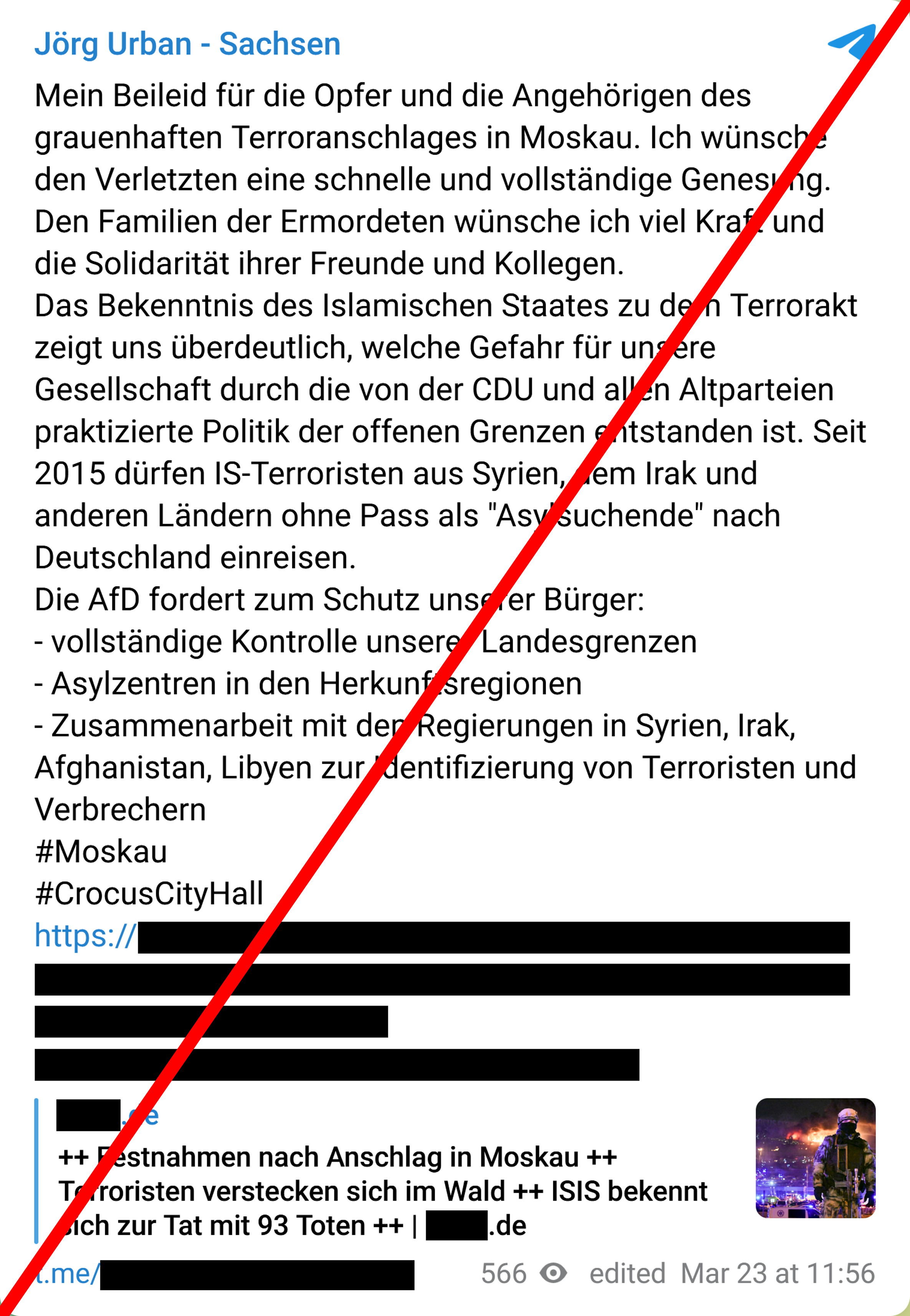 Screenshot aus Telegram: 'Jörg Urban - Sachsen' mit einem Post zu dem Terroranschlag in Moskau